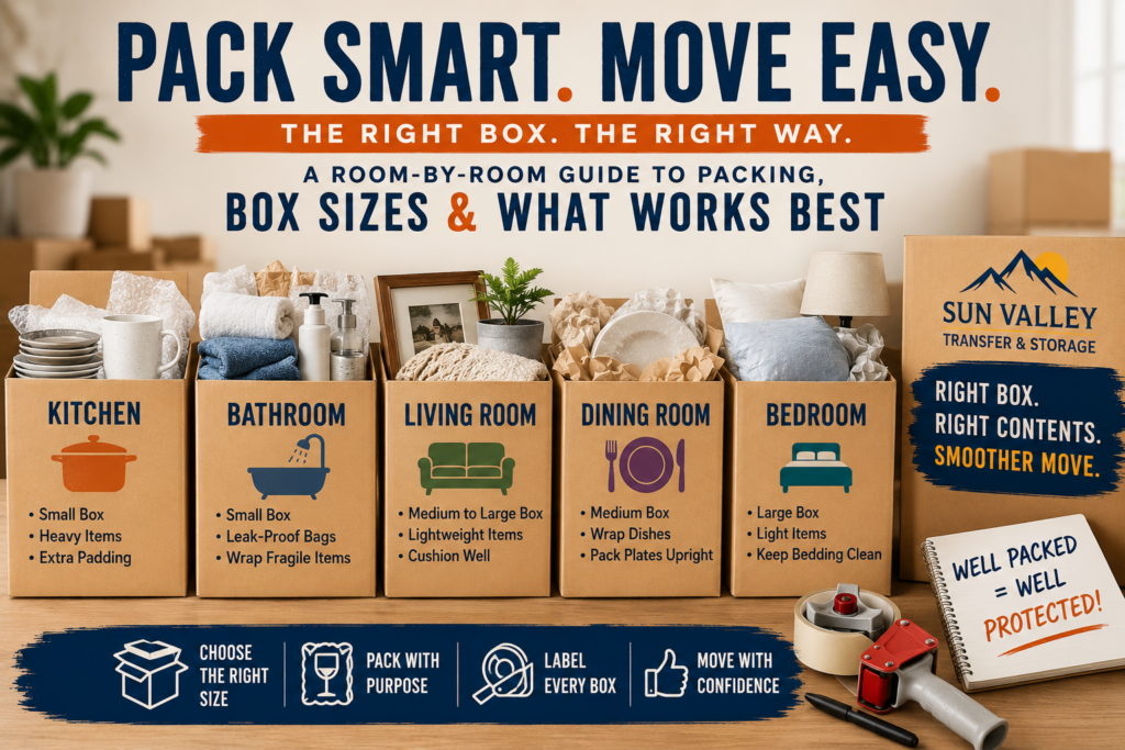 moving boxes guide | packing boxes correctly | kitchen moving boxes | moving tips Idaho | Sun Valley movers | best boxes for moving | professional packing tips | moving company
