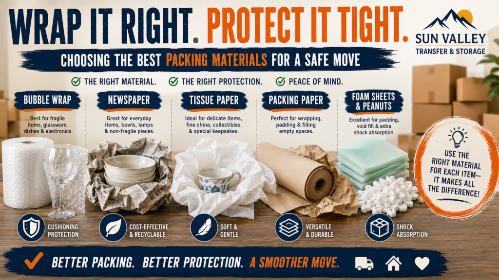 packing materials guide | bubble wrap vs packing paper | moving tips | fragile item packing | Sun Valley moving company | professional packing advice | moving supplies Idaho
